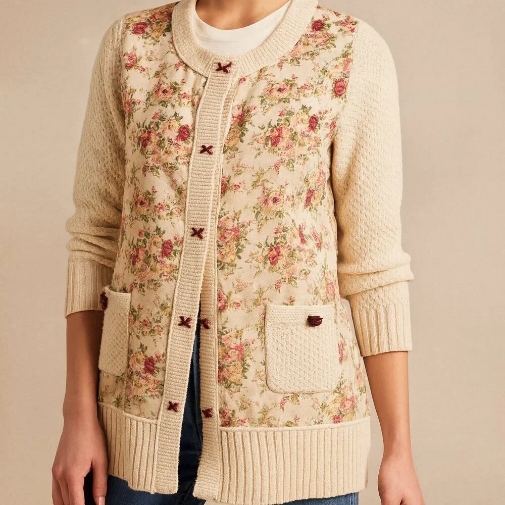 Anthropologie HWR Monogram Cotton Blend Floral Knit Cardigan - Picture 5 of 7
